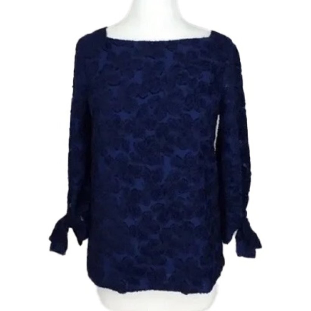 🆕 BANANA REPUBLIC Navy Blue Floral Burnout Tie Sleeve Blouse Top SizeXS